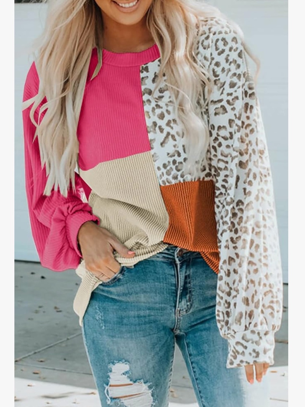 Colorblock Leopard Sleeve Women's Long Sleeve Top - Pink